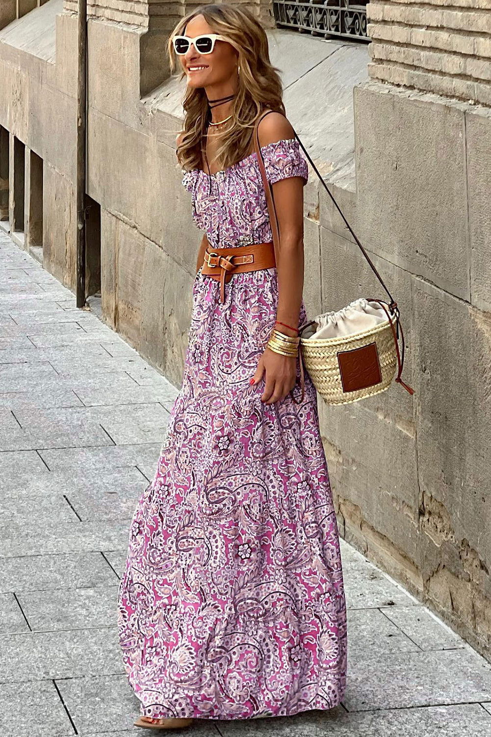 Pink Boho Paisley Print Off Shoulder Maxi Dress - Vesteeto