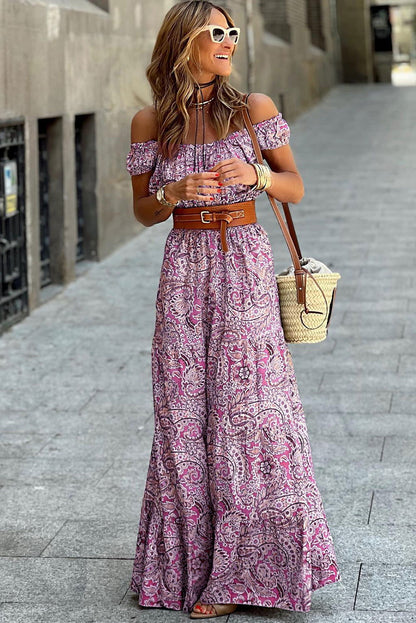 Pink Boho Paisley Print Off Shoulder Maxi Dress - Vesteeto