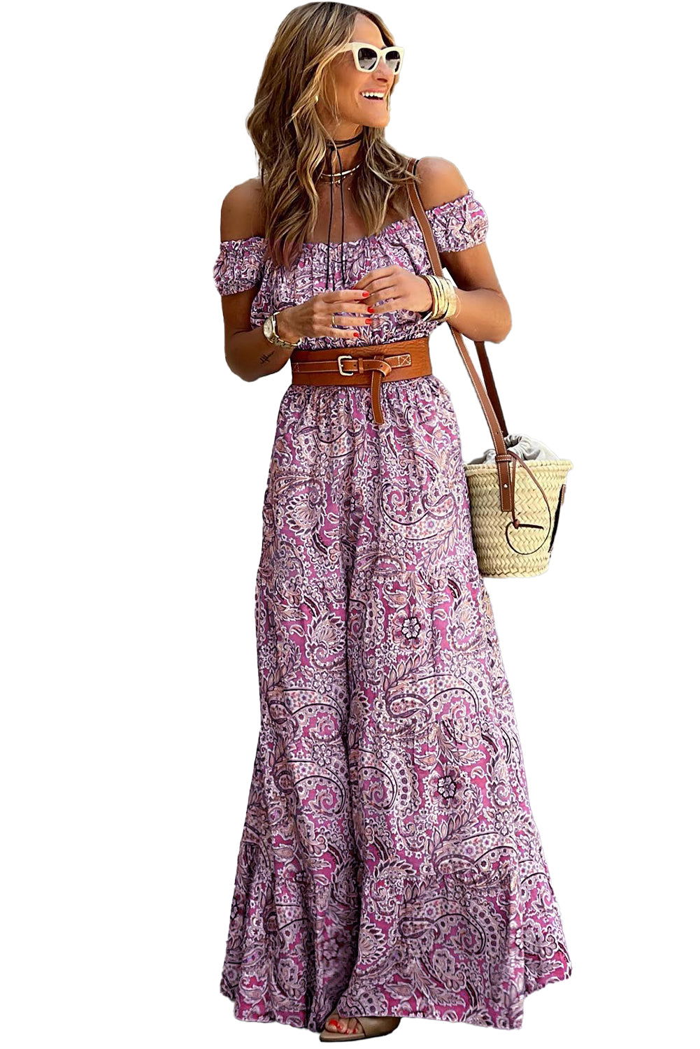 Pink Boho Paisley Print Off Shoulder Maxi Dress - Vesteeto