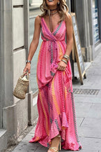 Pink Boho Tassel Tie Wrap V Neck Maxi Dress - Vesteeto