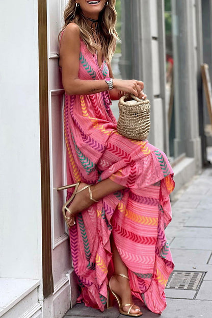 Pink Boho Tassel Tie Wrap V Neck Maxi Dress - Vesteeto