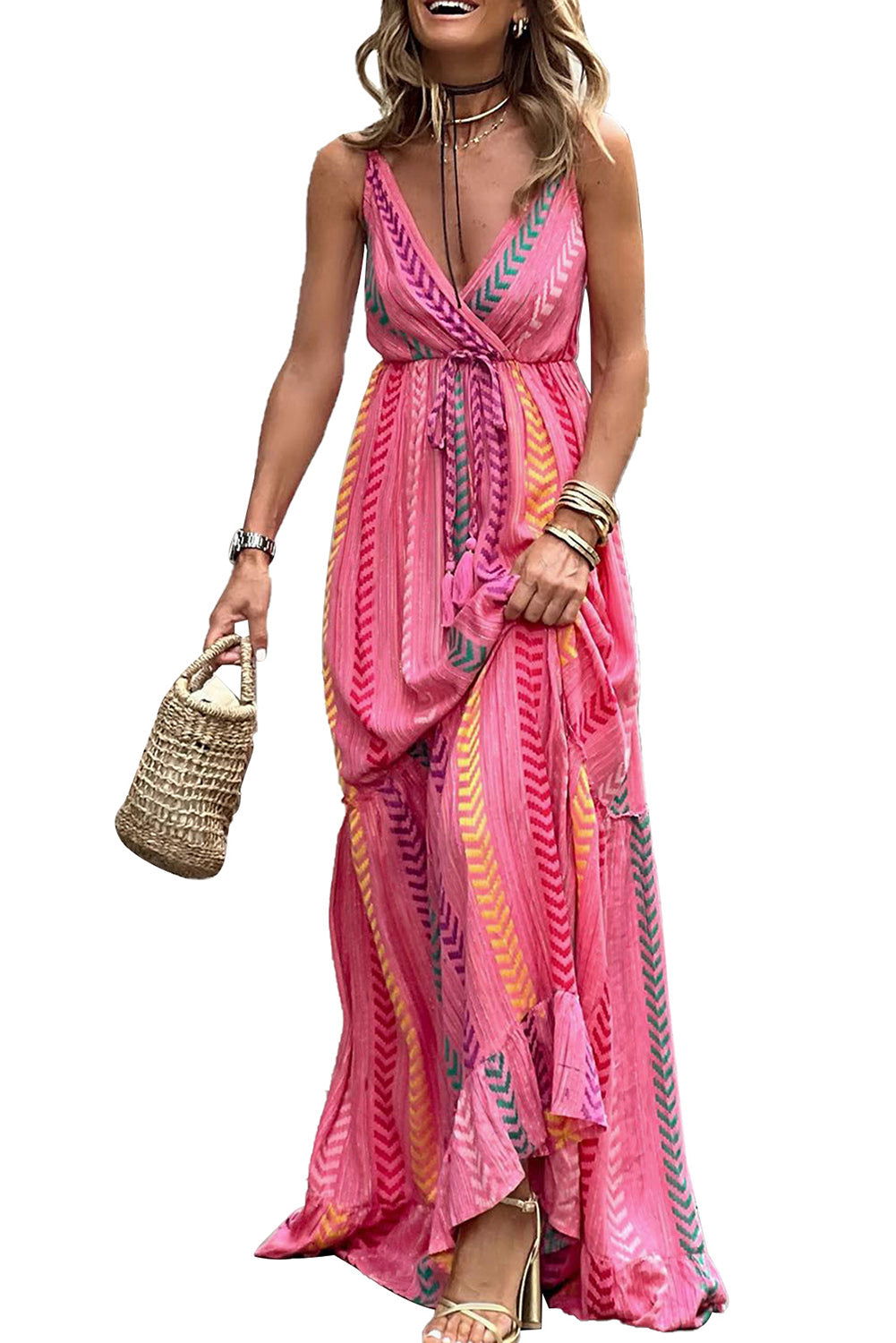 Pink Boho Tassel Tie Wrap V Neck Maxi Dress - Vesteeto