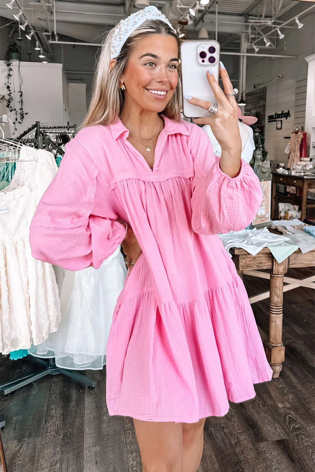 Pink Casual Gauze Collared Long Sleeve Short Dress - Vesteeto