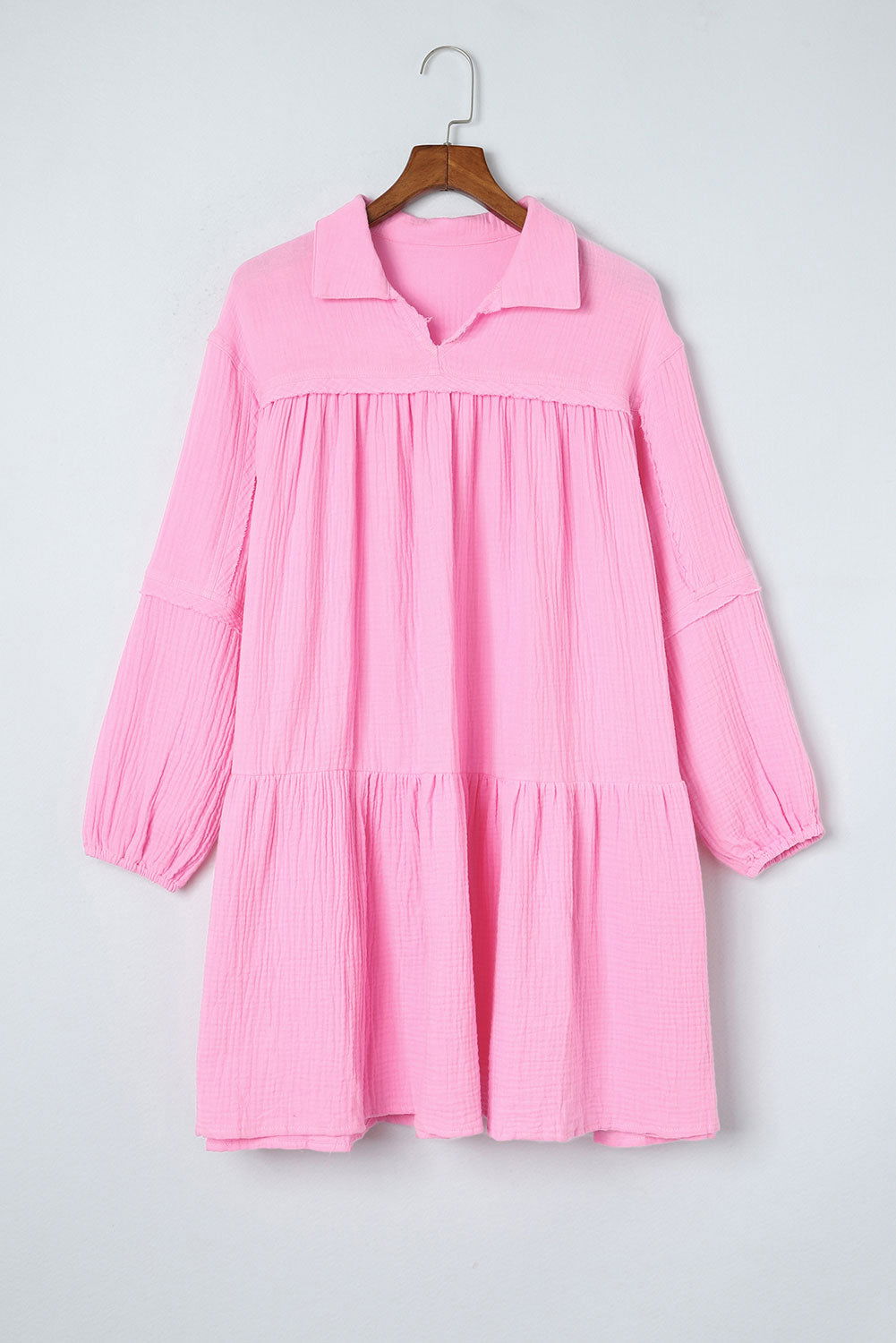 Pink Casual Gauze Collared Long Sleeve Short Dress - Vesteeto