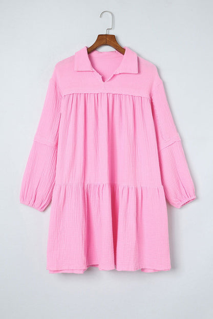 Pink Casual Gauze Collared Long Sleeve Short Dress - Vesteeto