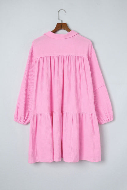 Pink Casual Gauze Collared Long Sleeve Short Dress - Vesteeto