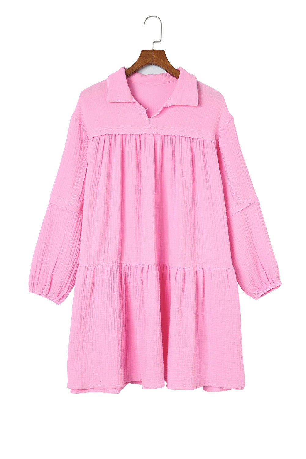 Pink Casual Gauze Collared Long Sleeve Short Dress - Vesteeto