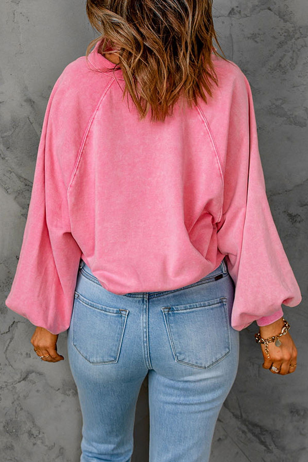 Pink Casual Washed Snap Button Pullover Sweatshirt - Vesteeto