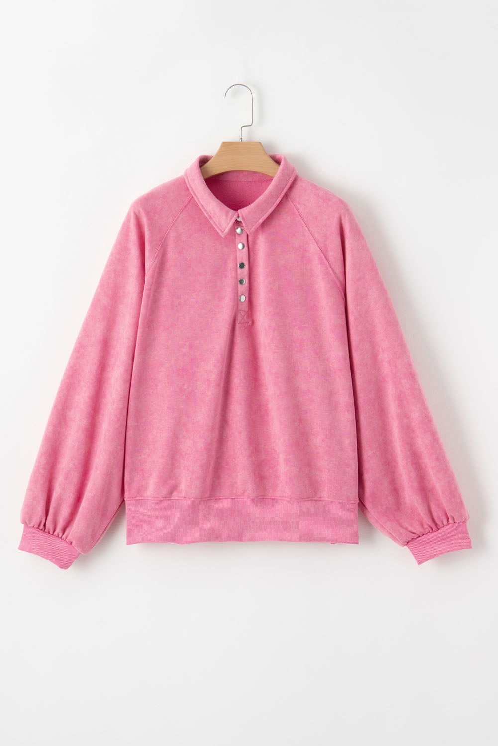 Pink Casual Washed Snap Button Pullover Sweatshirt - Vesteeto