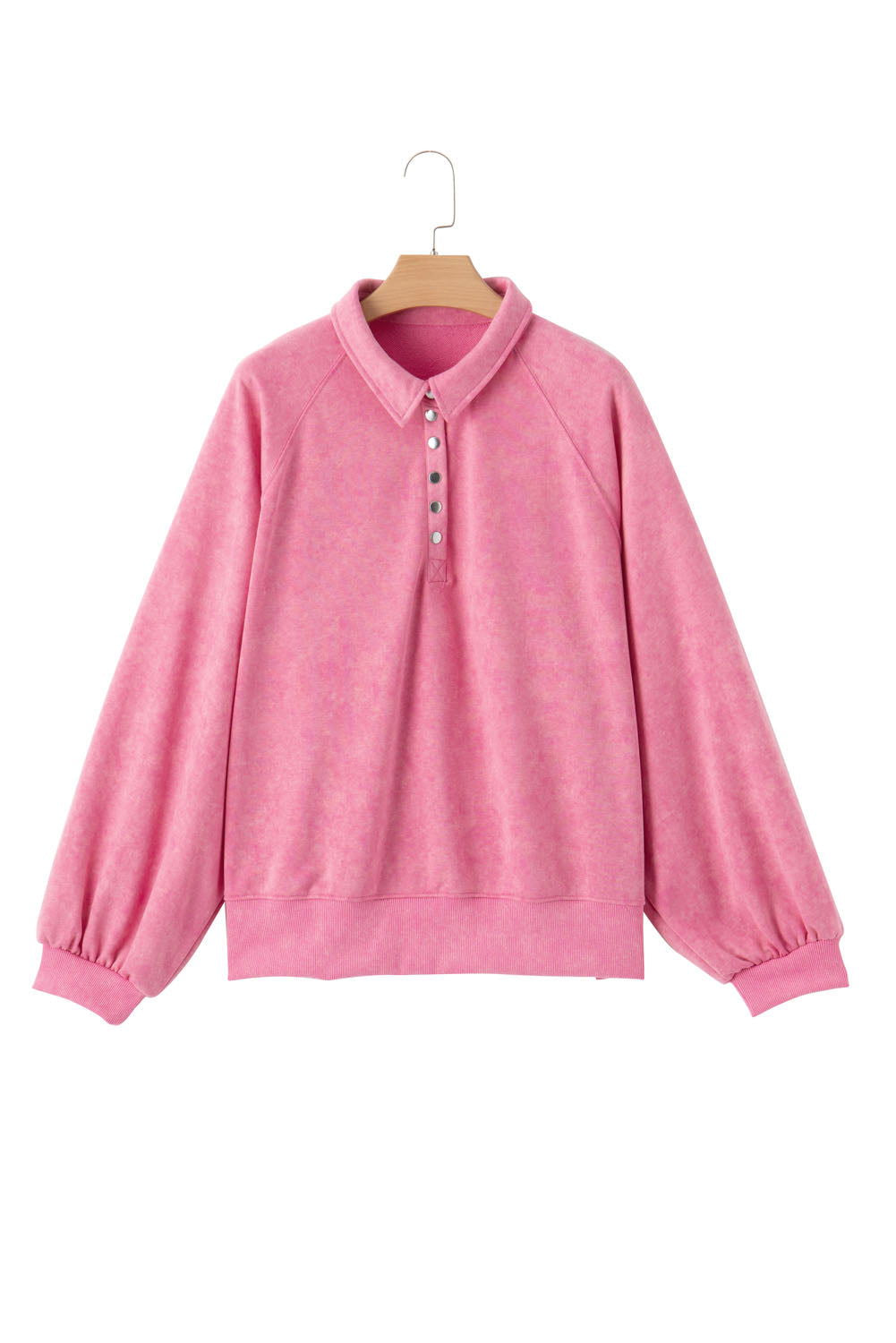 Pink Casual Washed Snap Button Pullover Sweatshirt - Vesteeto