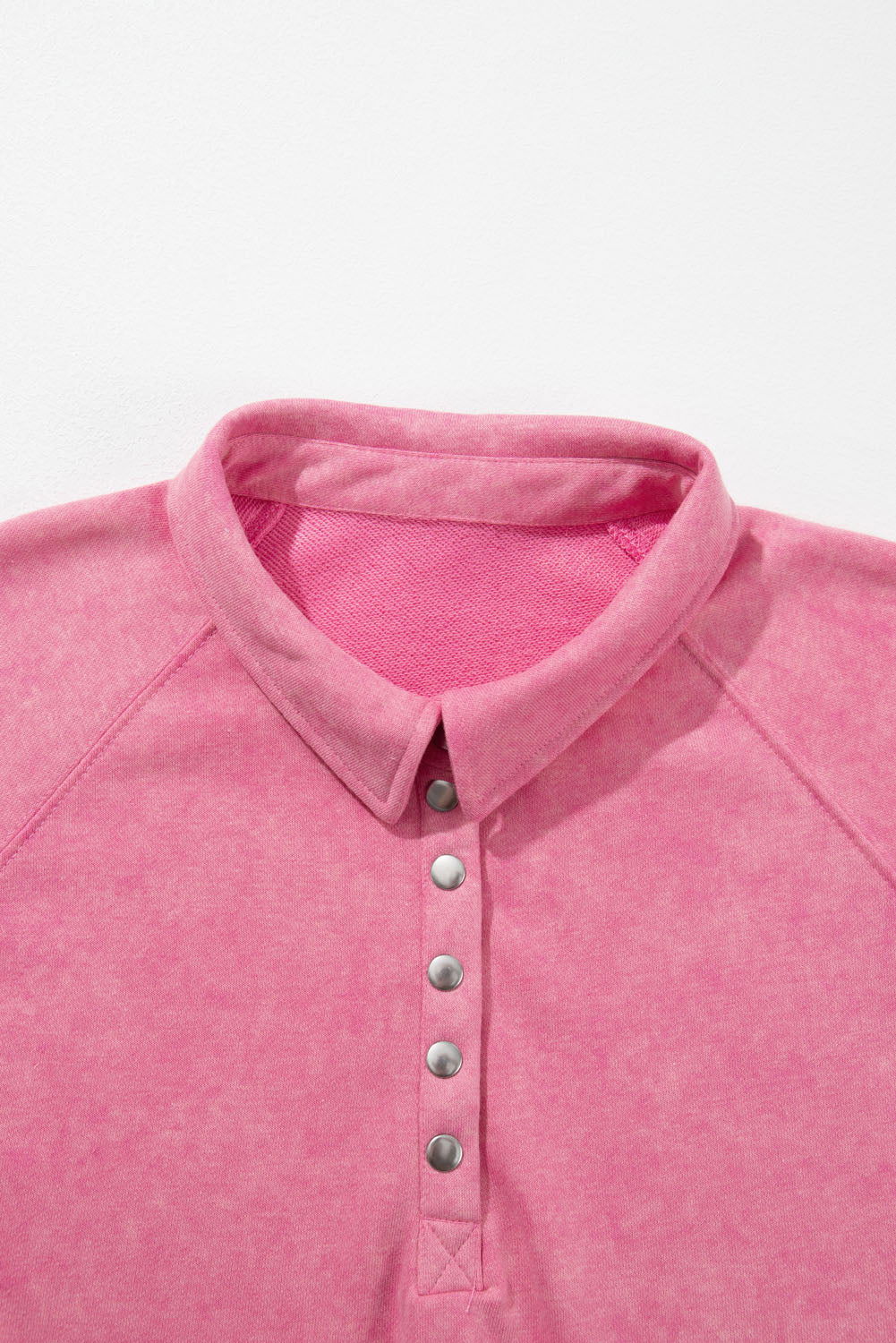 Pink Casual Washed Snap Button Pullover Sweatshirt - Vesteeto