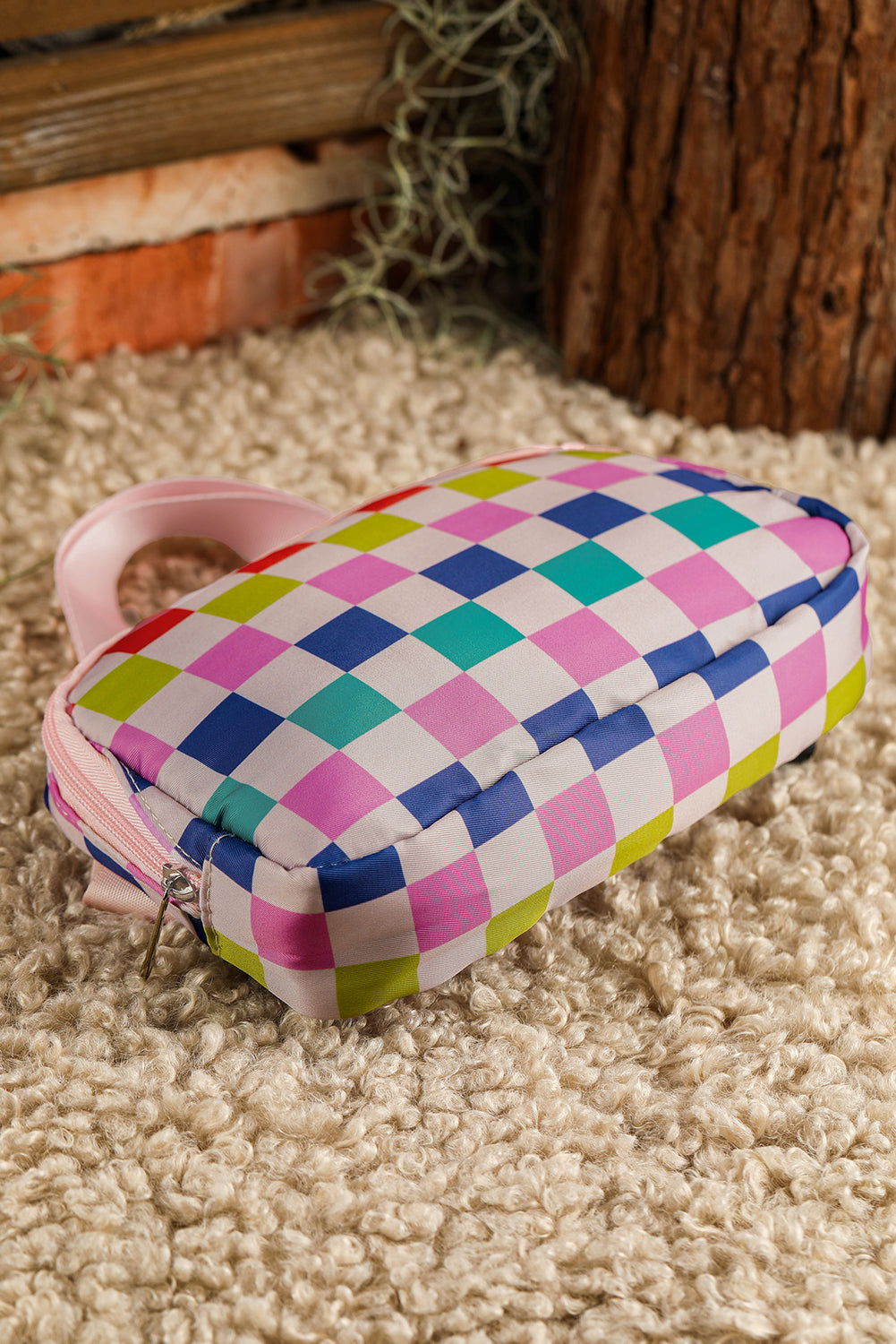 Pink Checkered Zipper Buckle Strap Crossbody Bag - Vesteeto