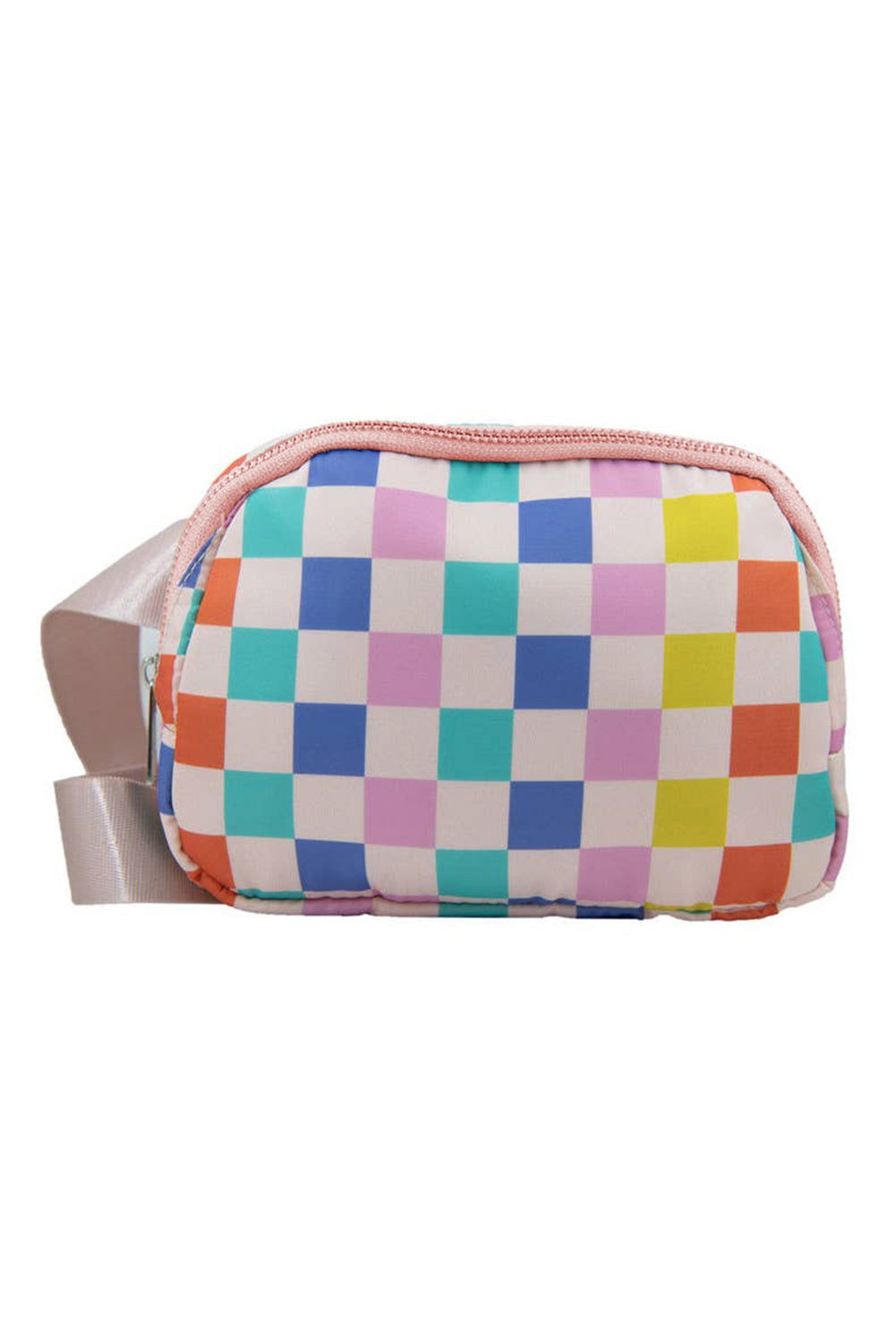 Pink Checkered Zipper Buckle Strap Crossbody Bag - Vesteeto