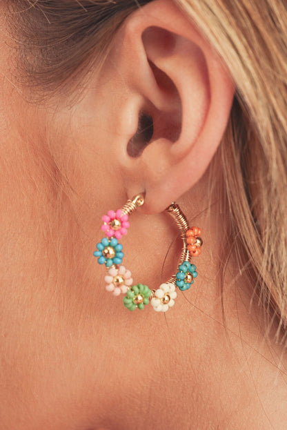 Pink Contrast Beaded Flowers Round Shape Dropping Earrings - Vesteeto