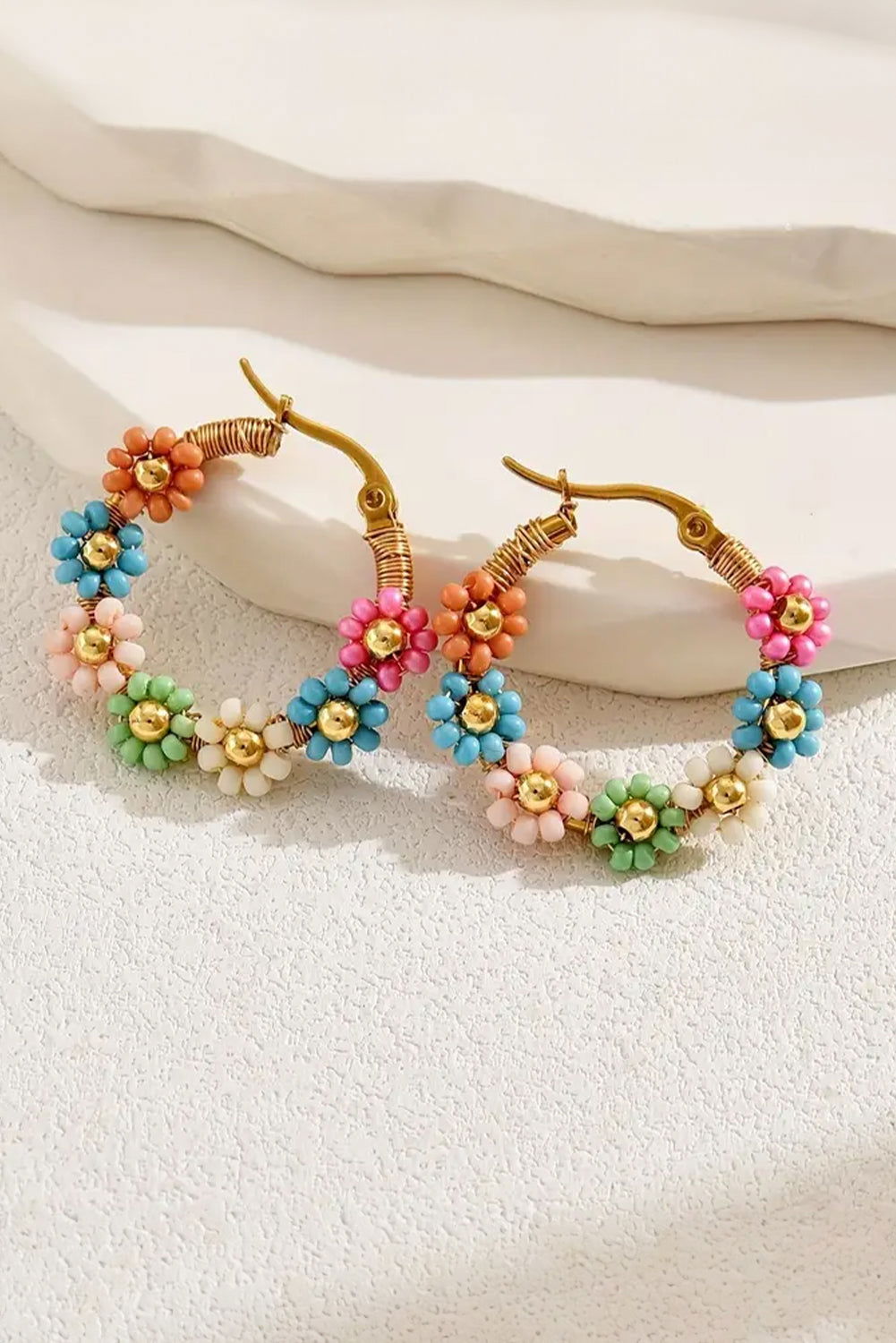 Pink Contrast Beaded Flowers Round Shape Dropping Earrings - Vesteeto