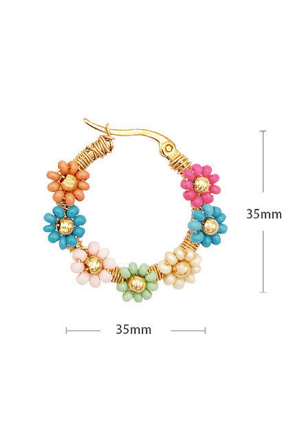 Pink Contrast Beaded Flowers Round Shape Dropping Earrings - Vesteeto