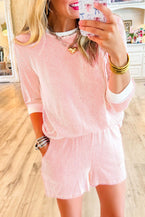 Pink Corded Contrast Trim Long Sleeve Top and Shorts Set - Vesteeto