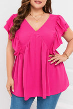 Pink Crinkle V Neck Tie Back Ruffle Plus Size Top - Vesteeto