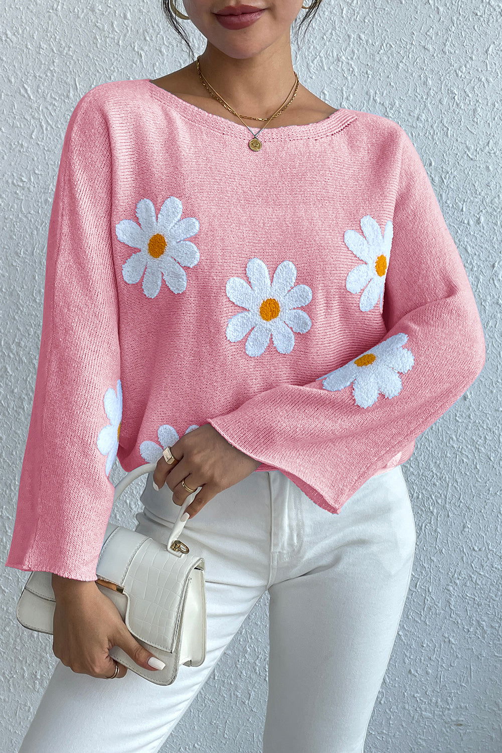 Pink Daisy Embroidered Loose Long Sleeve Knit Top - Vesteeto