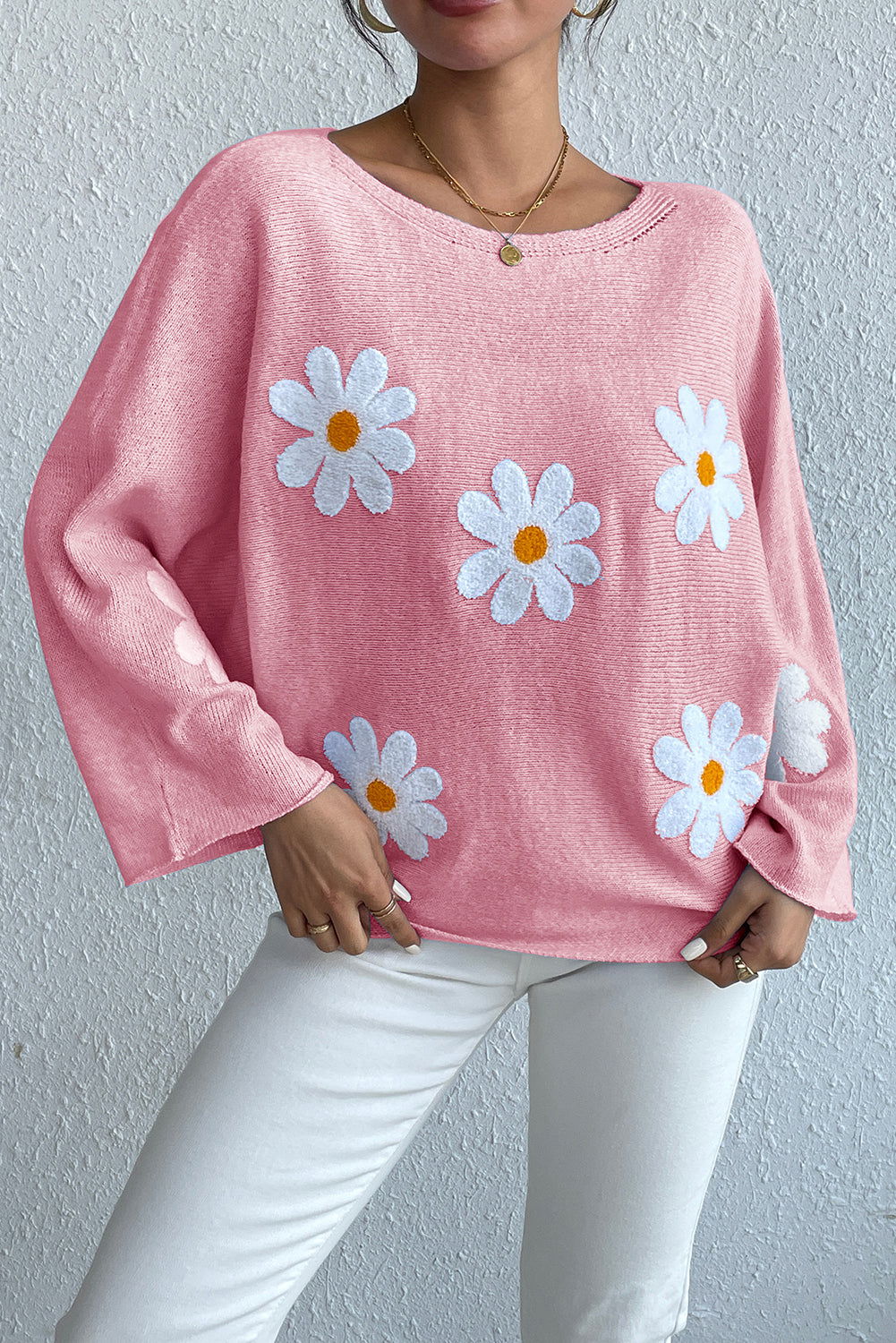 Pink Daisy Embroidered Loose Long Sleeve Knit Top - Vesteeto