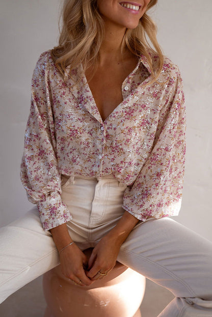 Pink Ditsy Floral Print Bishop Sleeve Collared V Neck Shirt - Vesteeto