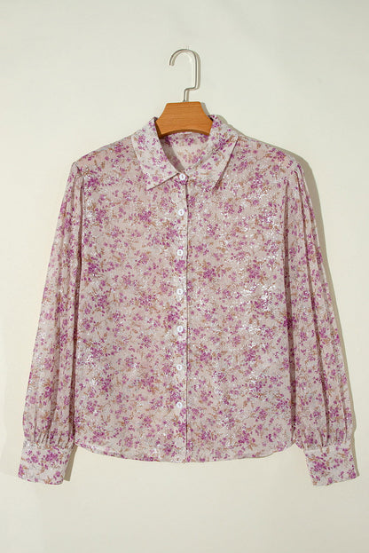 Pink Ditsy Floral Print Bishop Sleeve Collared V Neck Shirt - Vesteeto