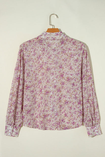 Pink Ditsy Floral Print Bishop Sleeve Collared V Neck Shirt - Vesteeto