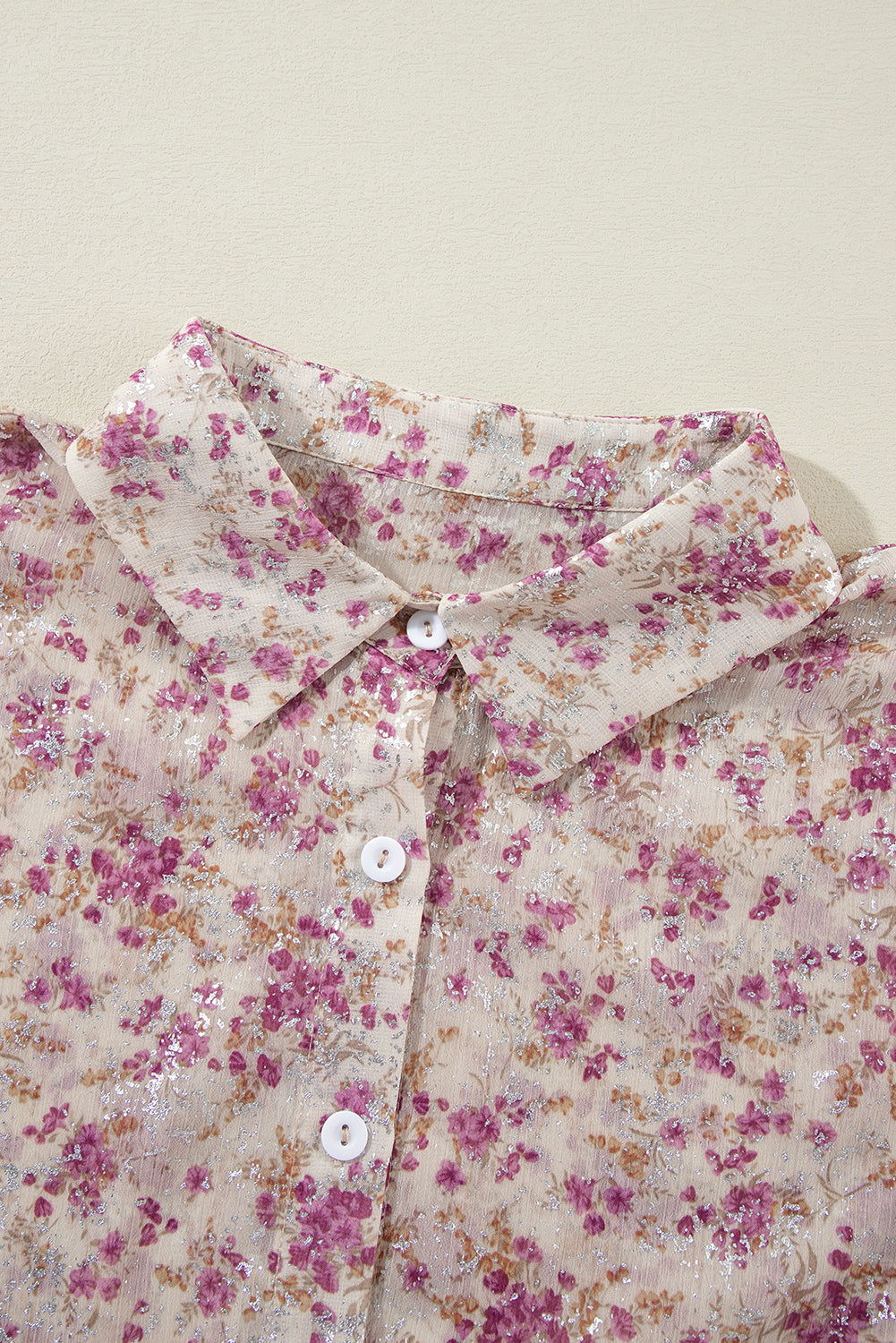 Pink Ditsy Floral Print Bishop Sleeve Collared V Neck Shirt - Vesteeto