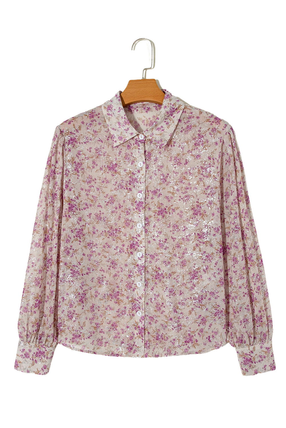 Pink Ditsy Floral Print Bishop Sleeve Collared V Neck Shirt - Vesteeto