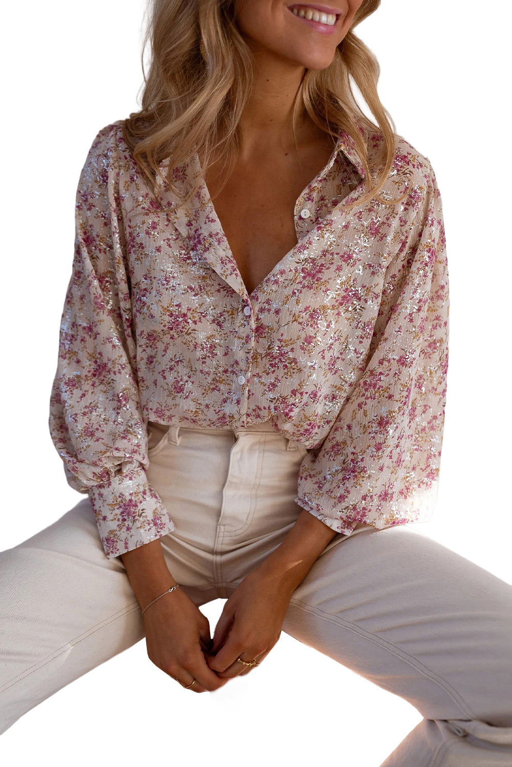 Pink Ditsy Floral Print Bishop Sleeve Collared V Neck Shirt - Vesteeto