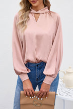 Pink Elegant Keyhole Long Sleeve Satin Blouse - Vesteeto