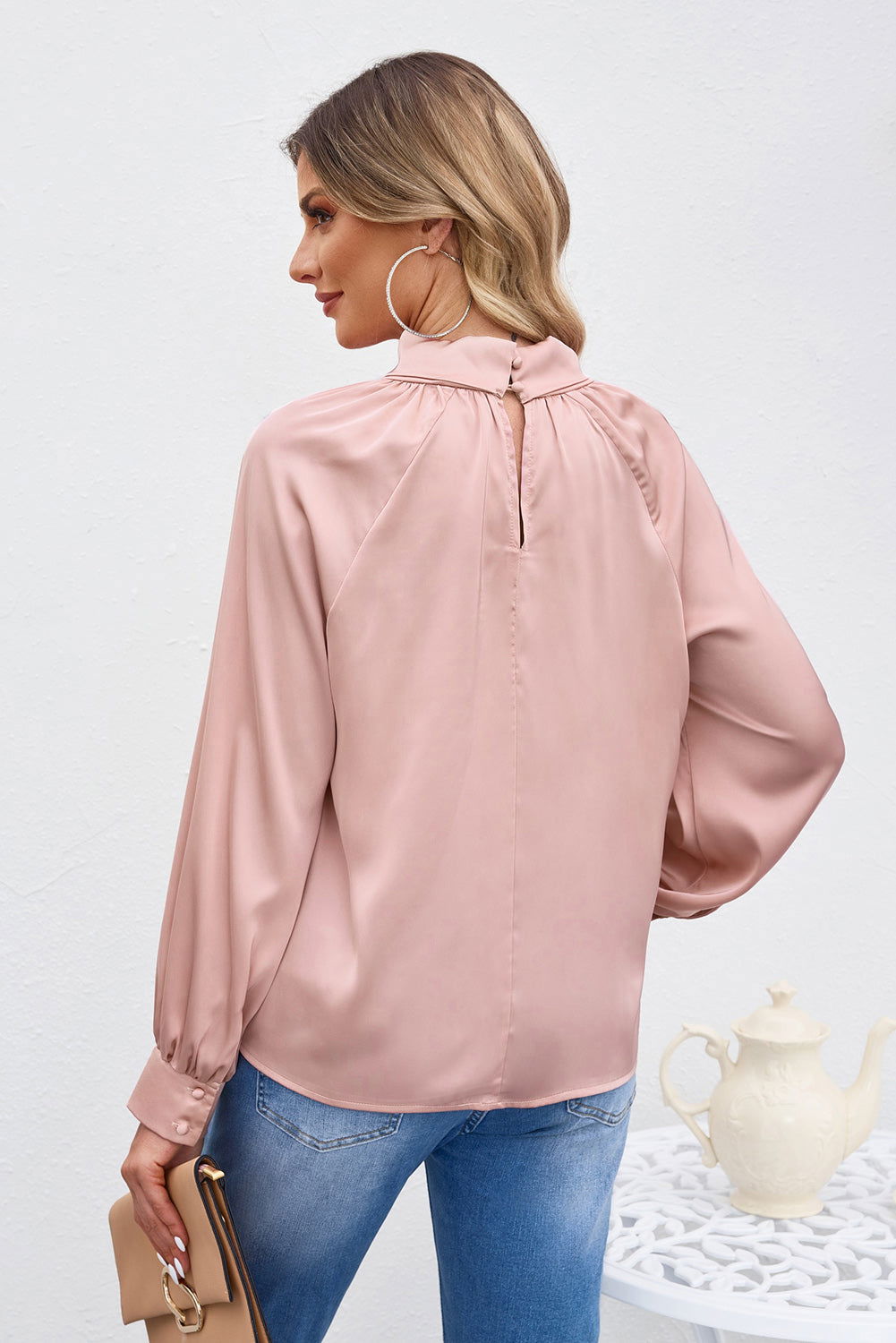 Pink Elegant Keyhole Long Sleeve Satin Blouse - Vesteeto