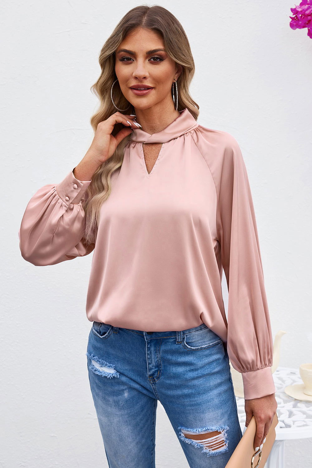 Pink Elegant Keyhole Long Sleeve Satin Blouse - Vesteeto