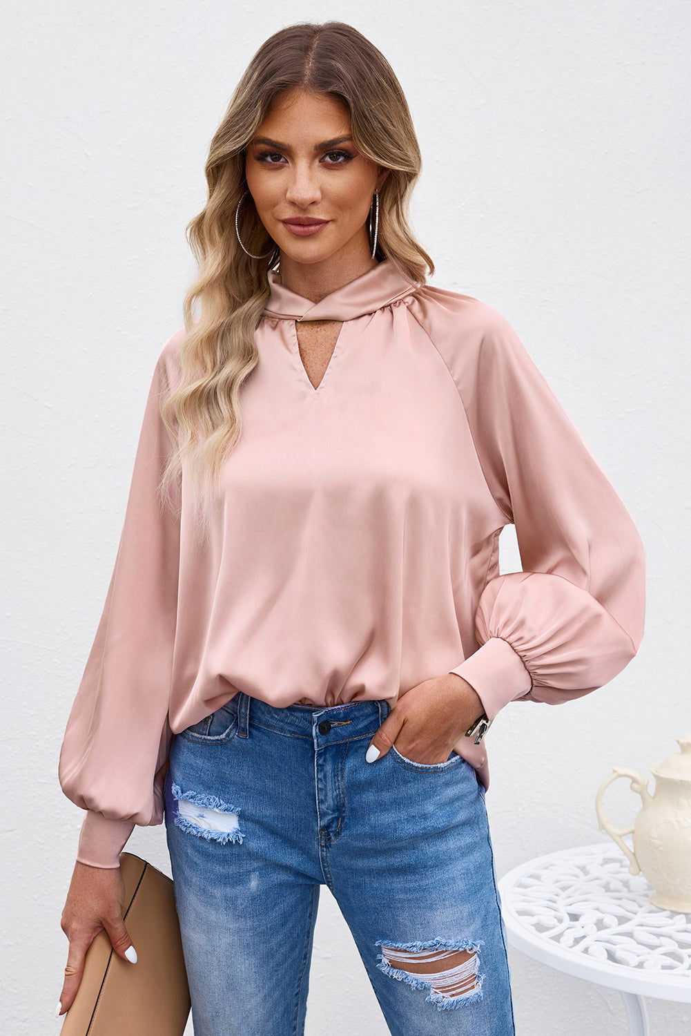 Pink Elegant Keyhole Long Sleeve Satin Blouse - Vesteeto