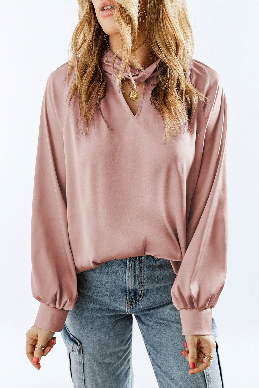 Pink Elegant Keyhole Long Sleeve Satin Blouse - Vesteeto