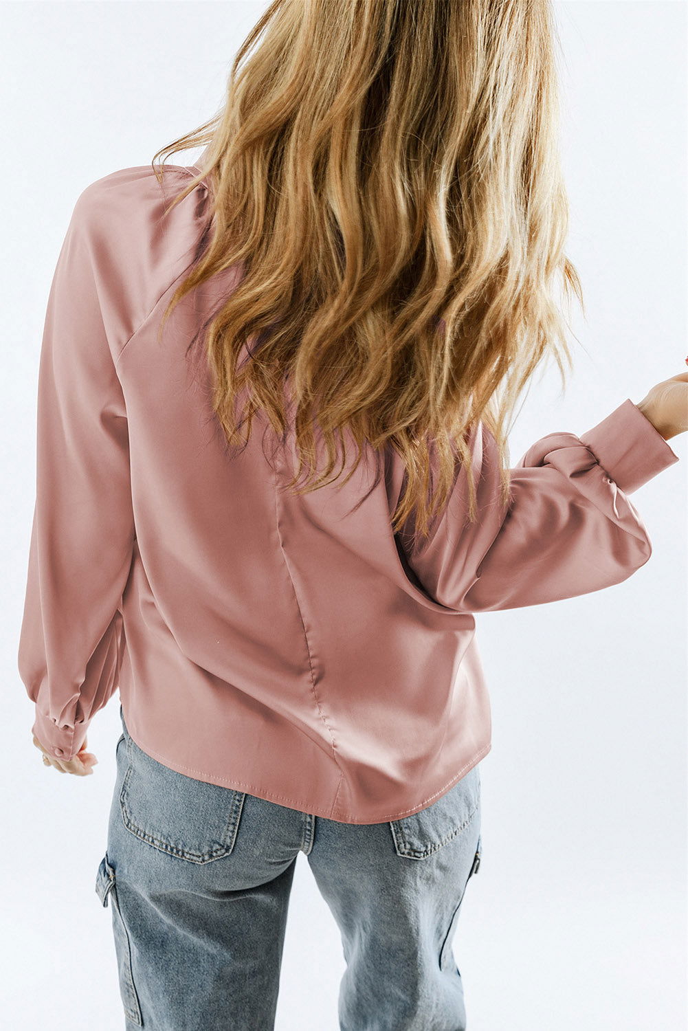 Pink Elegant Keyhole Long Sleeve Satin Blouse - Vesteeto