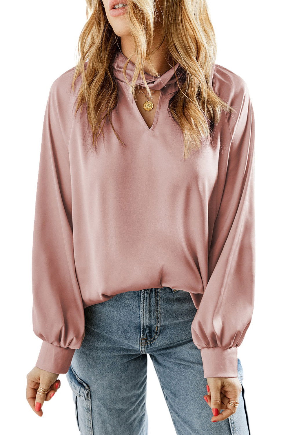 Pink Elegant Keyhole Long Sleeve Satin Blouse - Vesteeto