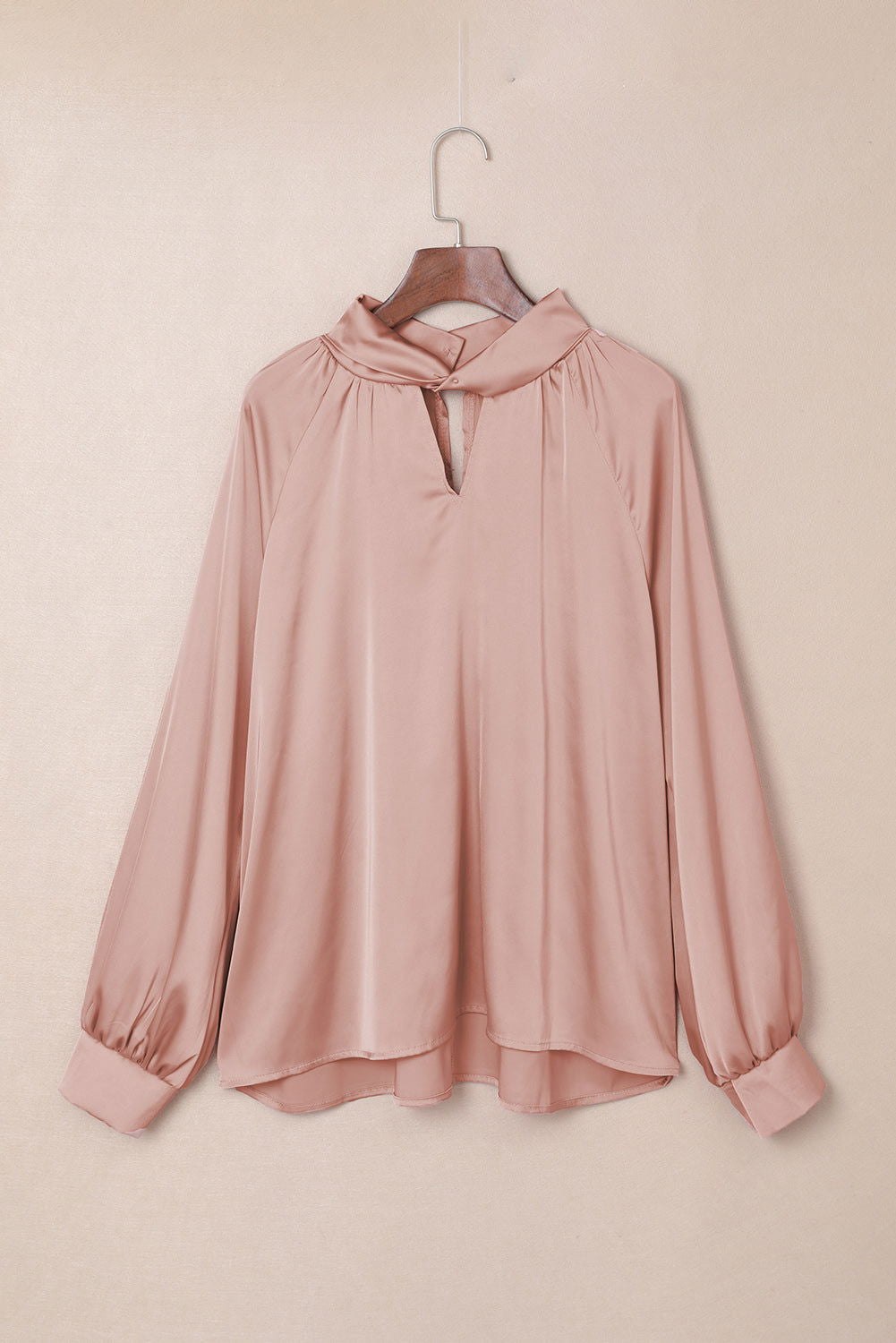 Pink Elegant Keyhole Long Sleeve Satin Blouse - Vesteeto