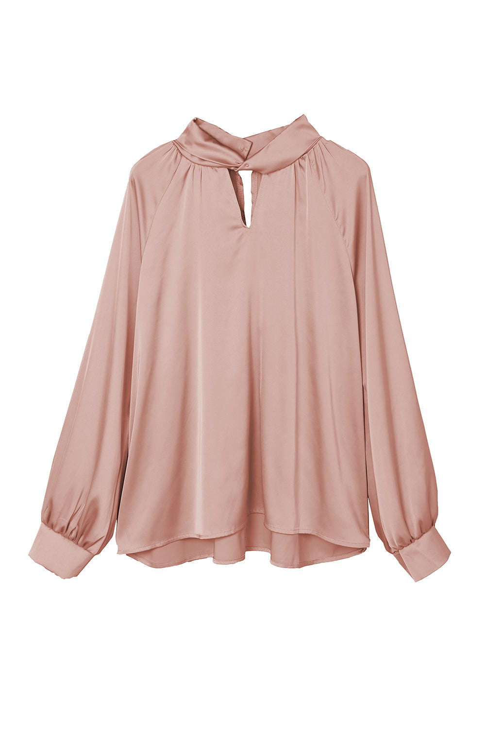 Pink Elegant Keyhole Long Sleeve Satin Blouse - Vesteeto