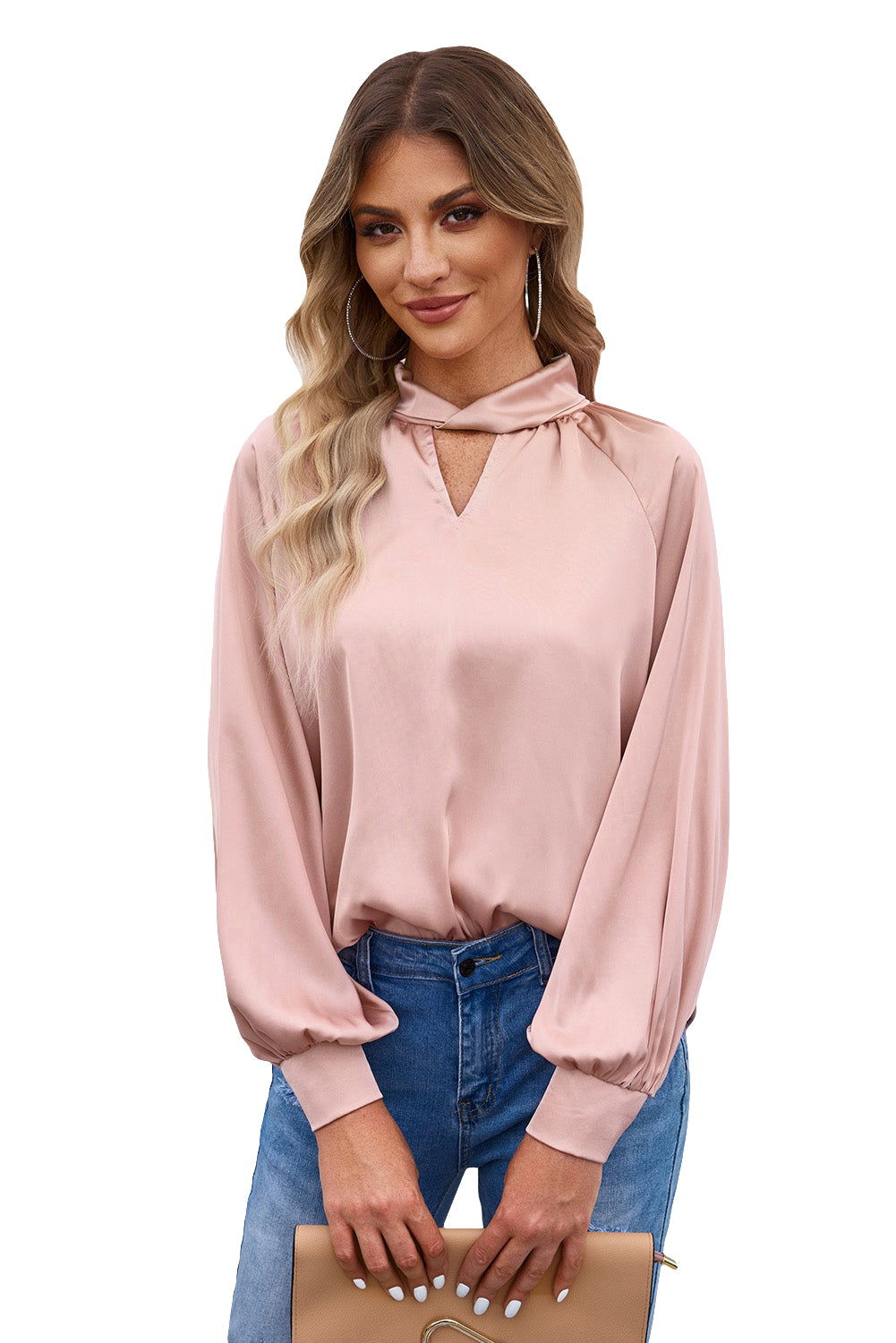 Pink Elegant Keyhole Long Sleeve Satin Blouse - Vesteeto