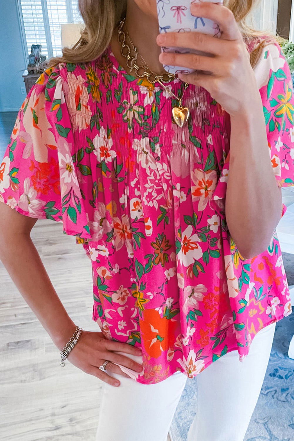 Pink Floral Print Flounce Sleeve Smocked Blouse - Vesteeto