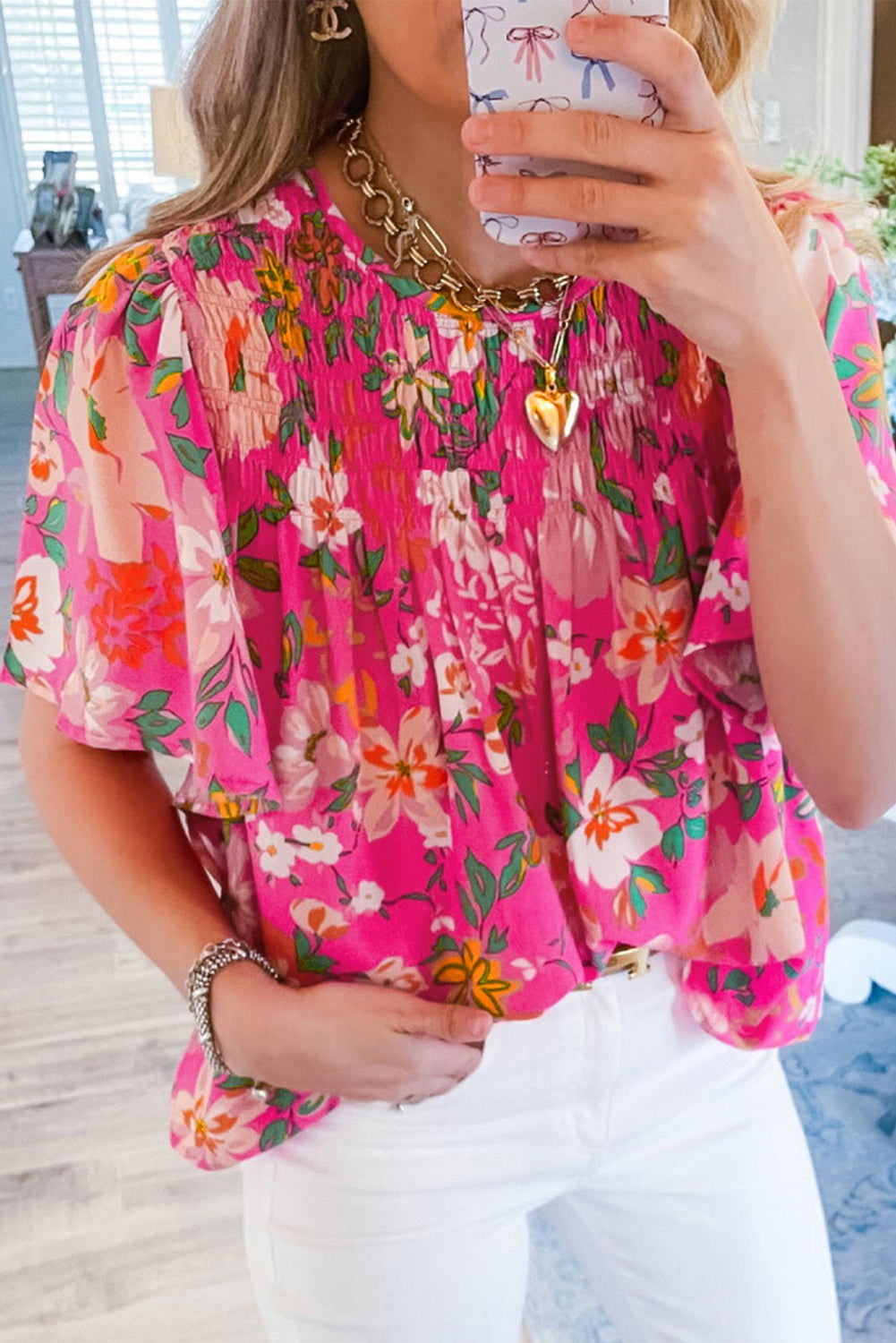 Pink Floral Print Flounce Sleeve Smocked Blouse - Vesteeto