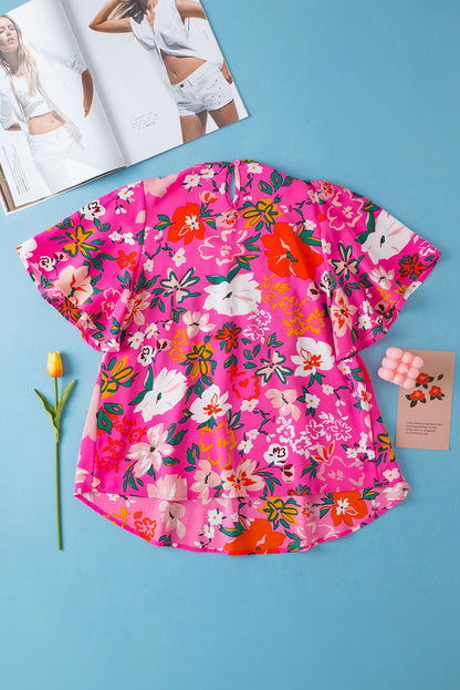 Pink Floral Print Flounce Sleeve Smocked Blouse - Vesteeto