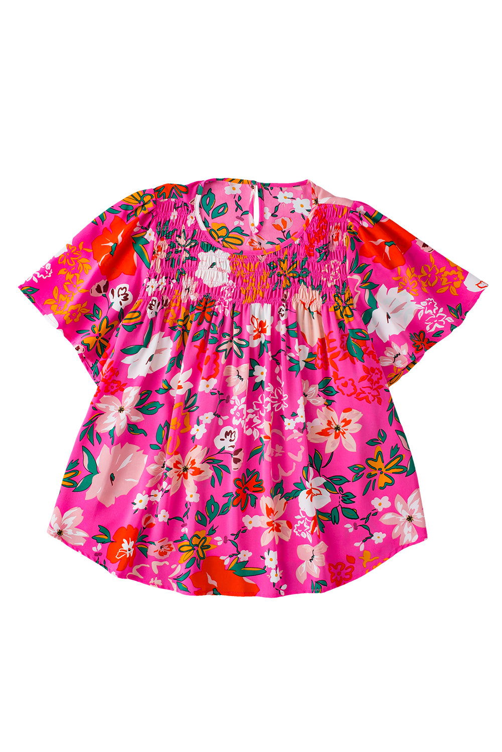 Pink Floral Print Flounce Sleeve Smocked Blouse - Vesteeto