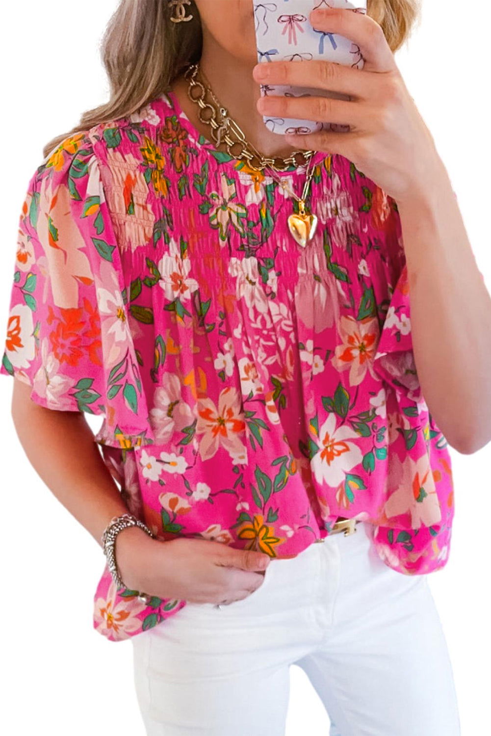 Pink Floral Print Flounce Sleeve Smocked Blouse - Vesteeto