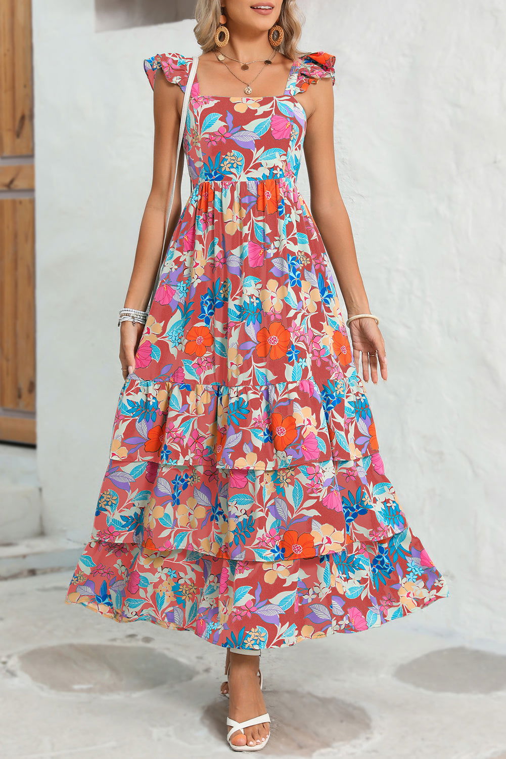 Pink Floral Print Sleeveless Ruffle Tiered Maxi Dress - Vesteeto