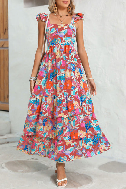 Pink Floral Print Sleeveless Ruffle Tiered Maxi Dress - Vesteeto