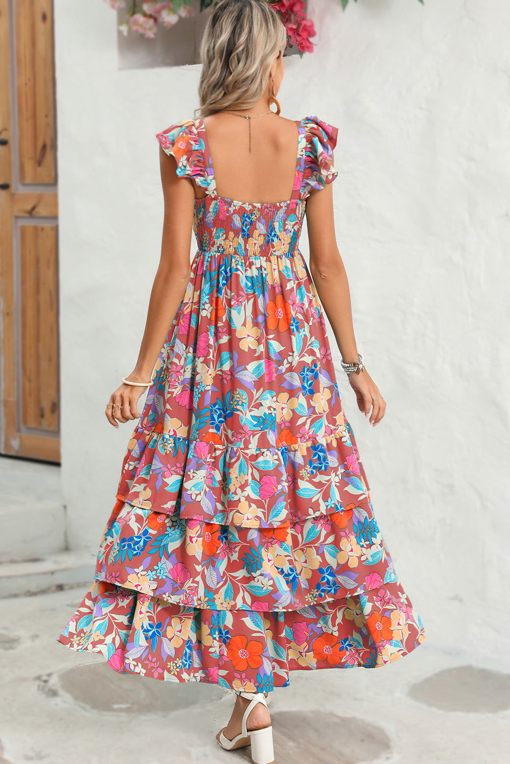 Pink Floral Print Sleeveless Ruffle Tiered Maxi Dress - Vesteeto