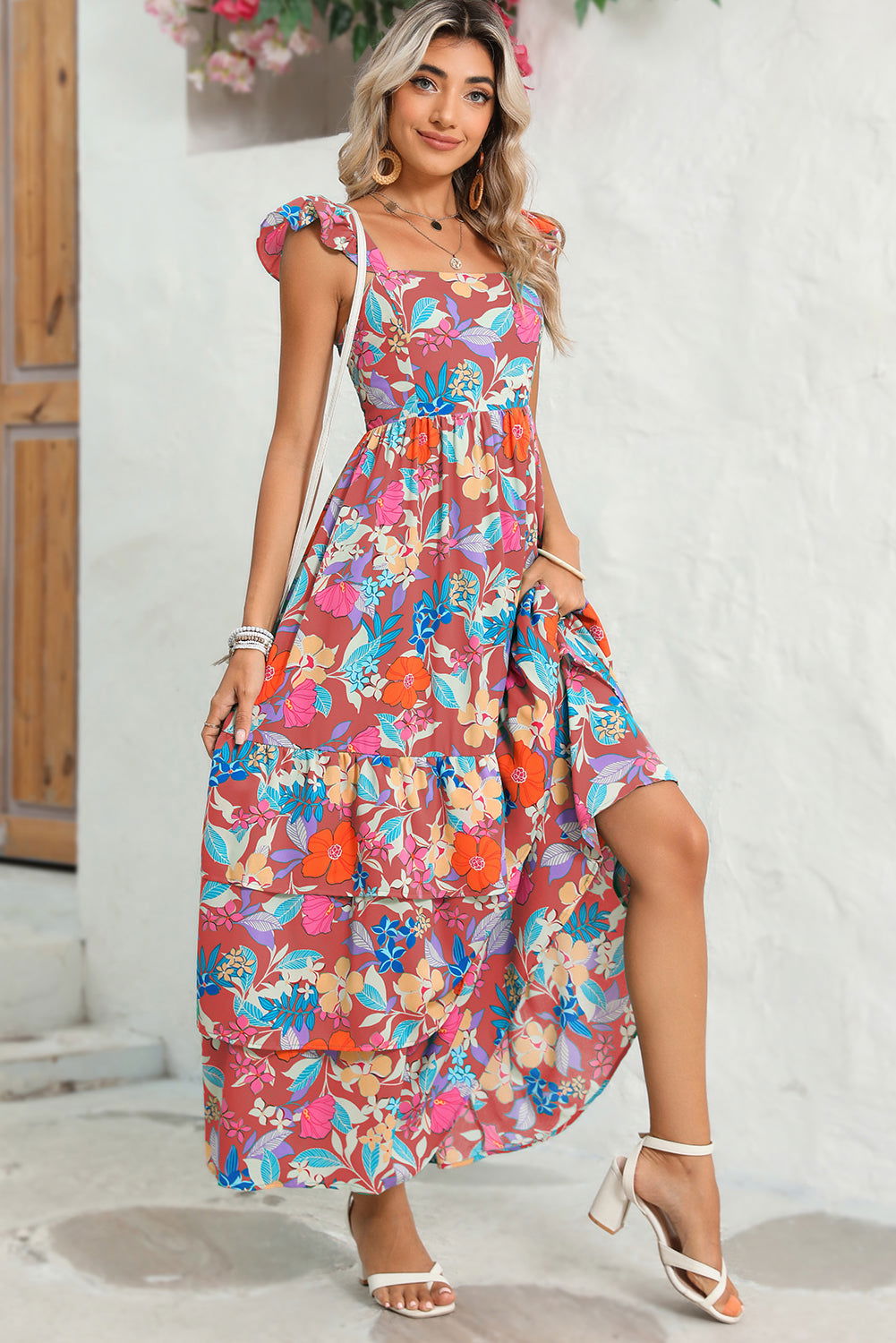 Pink Floral Print Sleeveless Ruffle Tiered Maxi Dress - Vesteeto