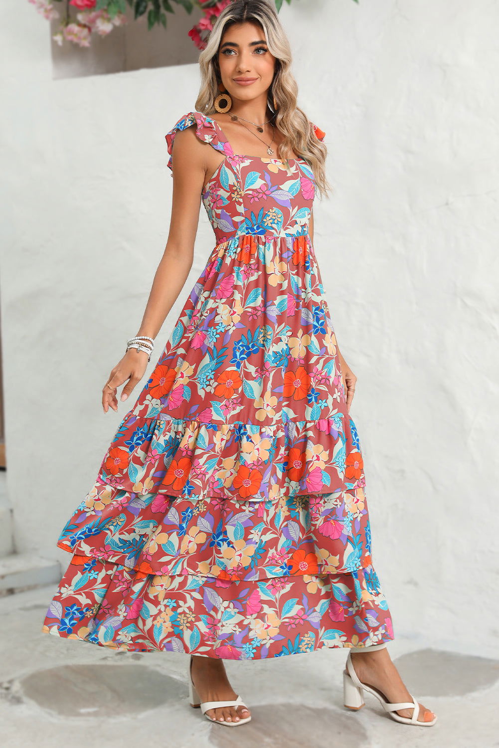 Pink Floral Print Sleeveless Ruffle Tiered Maxi Dress - Vesteeto